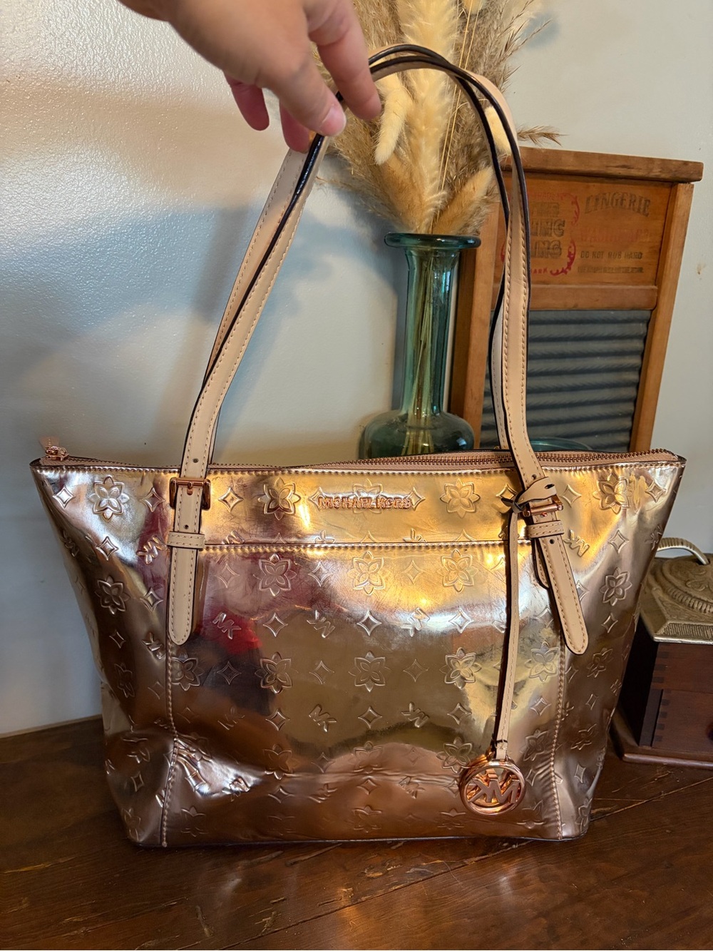 Michael Kors Metallic Rose Gold Ciara Tote Bag with Logo Charm